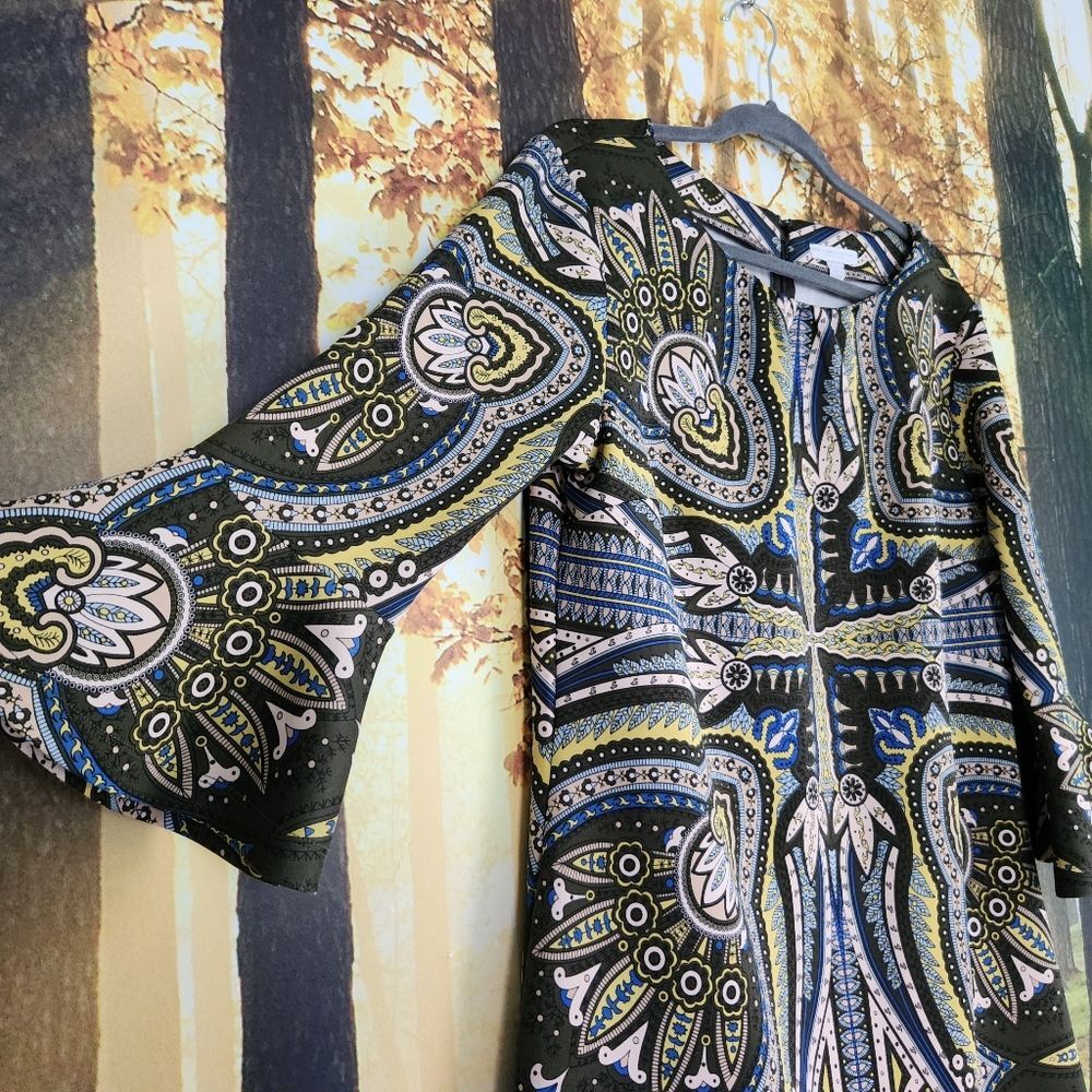 Retro Belle Sleeve Dress NY & Company Size XL Stretch Green Gogo Costume Hippy - Picture 2 of 14